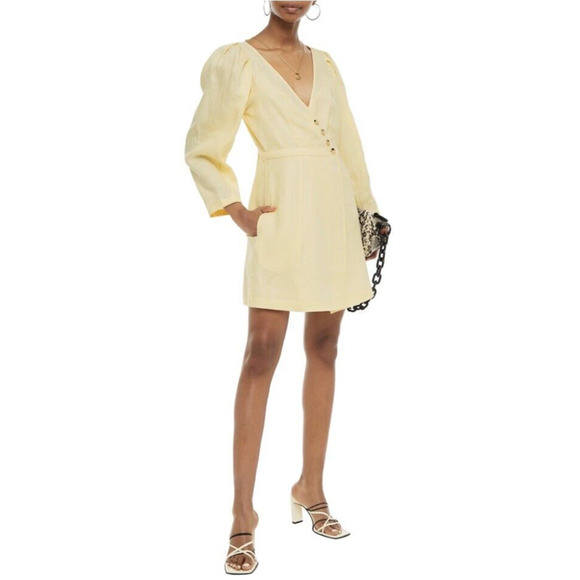 BAUM UND PFERDGARTEN 100% Linen Abrial Wrap Dress Size 44/L-XL Yellow Buttons - Picture 1 of 13